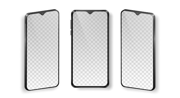 Vector mock up of realistic mobile phones with transparent screen in front and perspective view.