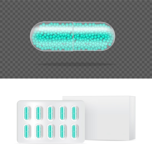 Mock up Realistic Transparent Pill Medicine Capsule.