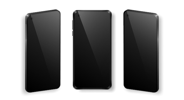 Mock up of three realistic mobile phones with black glossy screen in front and perspective view.