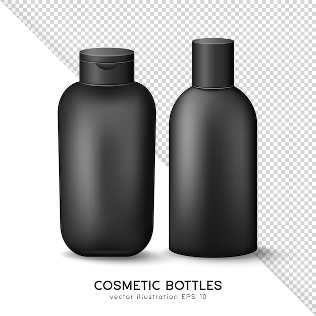 Mockup of black closed cosmetic or medicine plastic bottles with lid. 3D rendering glossy containers