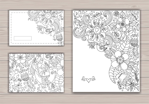 Mockup black and white wedding card set with abstract background with contour drawing of flowers and birds.