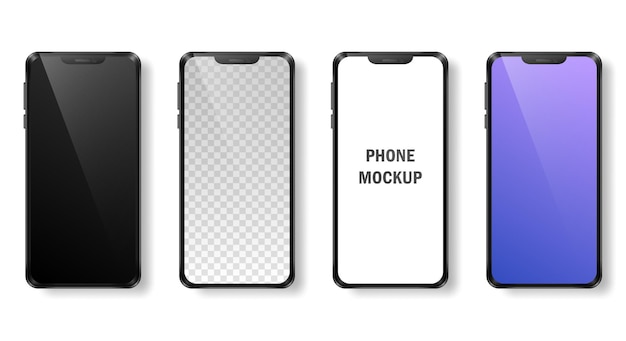 Mockup of four phones with black frame and dark, purple gradient, white and transparent screen