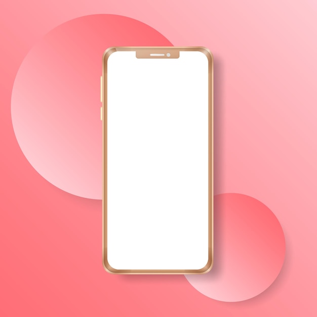 Mockup of golden metallic phone with white empty screen on pink gradient background with decoration