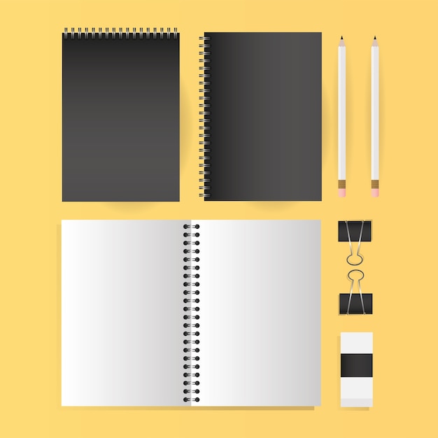 Mockup notebooks pencils and clips design of corporate identity template and branding theme