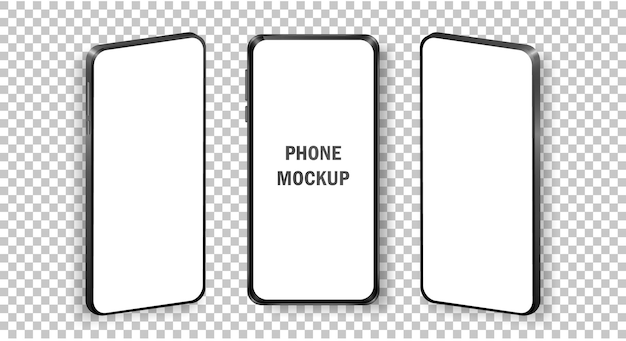 Mockup of realistic mobile phones in front and isometric view. Collection of phones with black frame