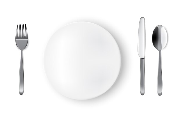 Vector mockup realistic white plate or dish, spoon fork and knife on dining table for food 