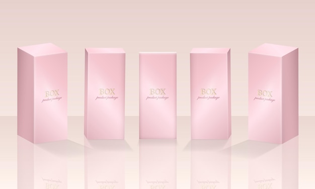 Mockup of rectangular cardboard containers for cosmetic, makeup products. Pink boxes on podium