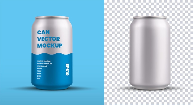 Mockup of a small tin can with an energy drink with a blue pattern, for design presentation, vector silver shiny shiny water bottle. Template of aluminum beverage container isolated on background. Set