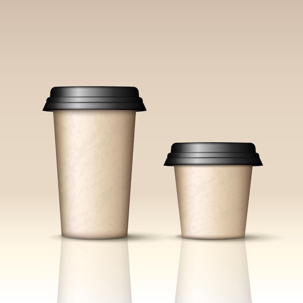 Vector mockup of two brown paper coffee cups with lids for take away 3d realistic cups template