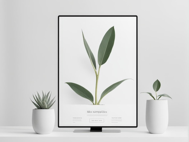 Vector mockup of white frame in a modern with plant and the interior on background