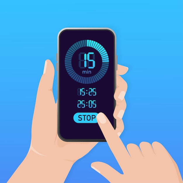 Mockup with blue stopwatch smartphone on white background Flat design Digital communication