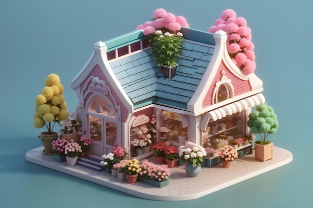 Vector a model of a house with flowers and a house with a garden in the background