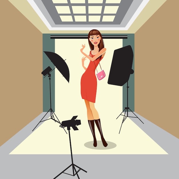 Model Poses in Photo Studio. Beautiful Young Woman on Photosession. Vector illustration