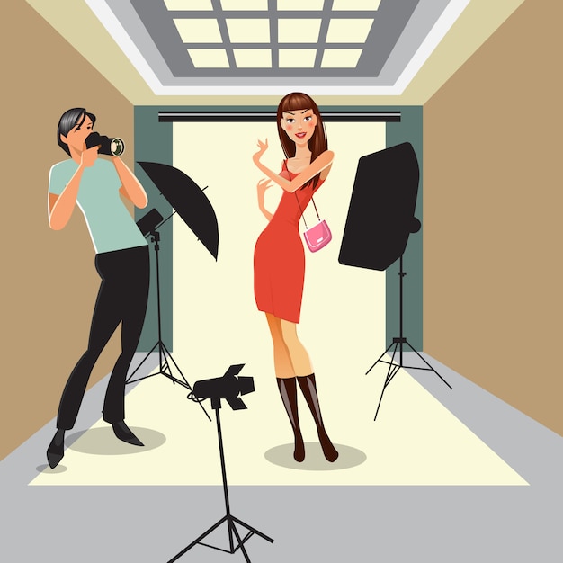 Model Poses in Photo Studio. Photographer Working in Professional Studio. Vector illustration