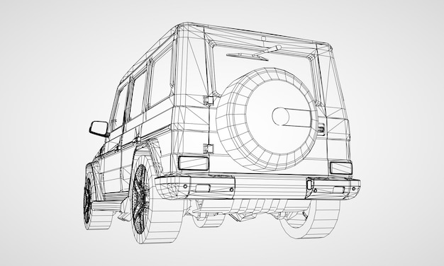 Model of premium frame SUV with a classic design. Vector illustration of a black polygon triangular grid on a gray background.