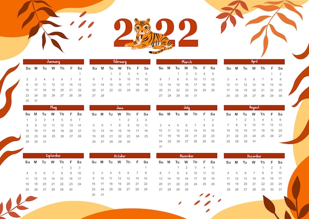 Modern 2022 calendar template with tiger theme