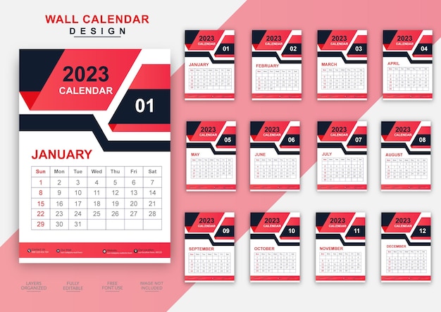 Modern 2023 new year wall calendar design editable template