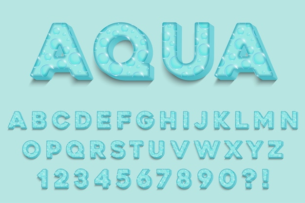 Modern 3D aqua  Alphabet Letters, Numbers and Symbols. Fresh Typography . Vector