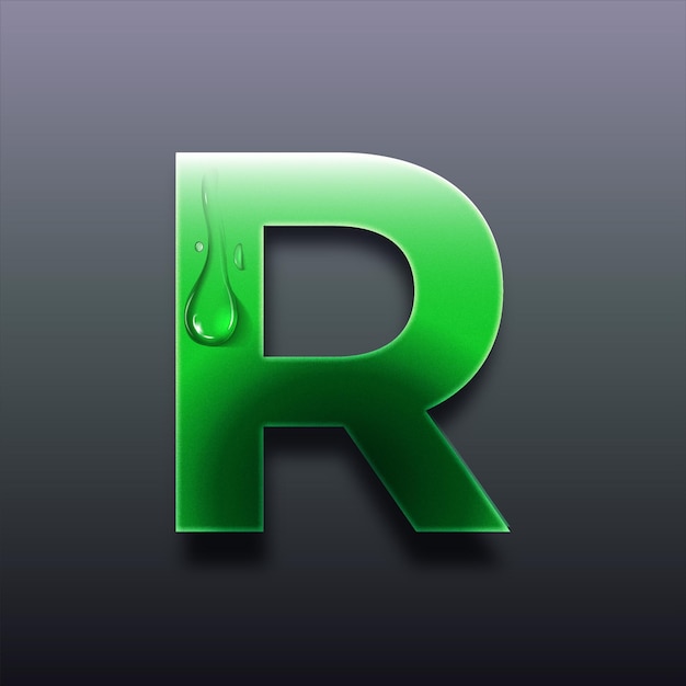 Vector modern 3d green tinted letter r icon featuring water drop on sleek dark background