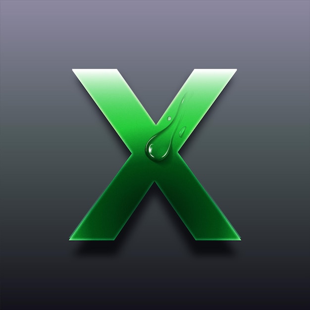 Vector modern 3d green tinted letter x icon featuring water drop on sleek dark background