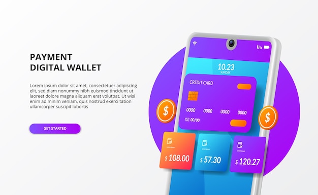 Modern 3d phone digital e commerce wallet transaction electronic illustration concept with credit card and golden coin