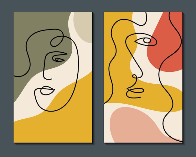 Modern abstract art face Set of abstract backgrounds with minimal shapes and lines Home decor design Hand drawn watercolor effect painting shapes and line art faces Contemporary boho design