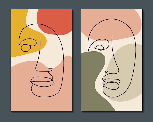 Modern abstract art face Set of abstract backgrounds with minimal shapes and lines Home decor design Hand drawn watercolor effect painting shapes and line art faces Contemporary boho design