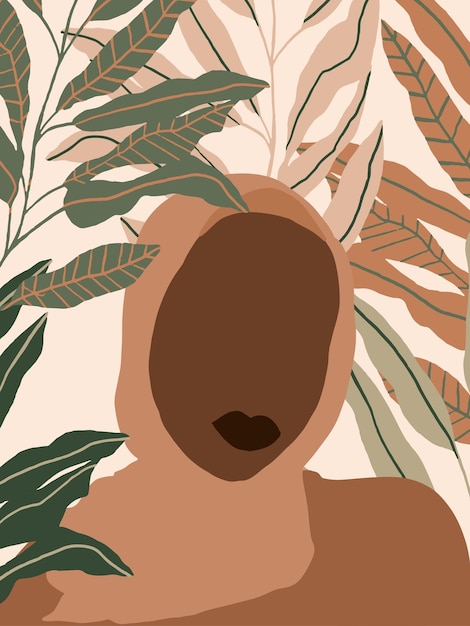 Modern abstract boho afro American woman with in tropical leaves background Trendy minimal banner