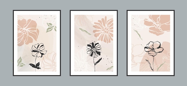 Modern abstract flowers line art background with different shapes for wall decoration postcard