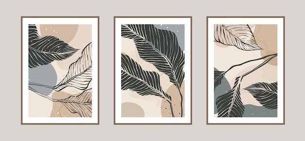 Modern abstract leaves line art background with different shapes for wall decoration postcard