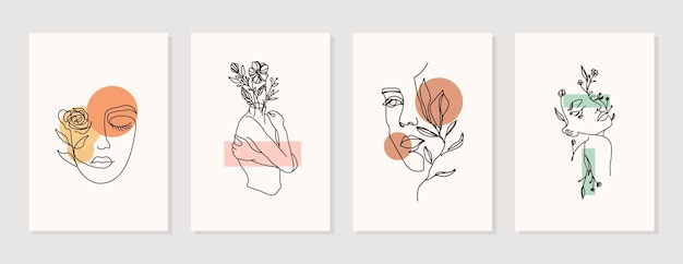 Modern abstract line minimalistic women faces arts set with different shapes for wall decoration