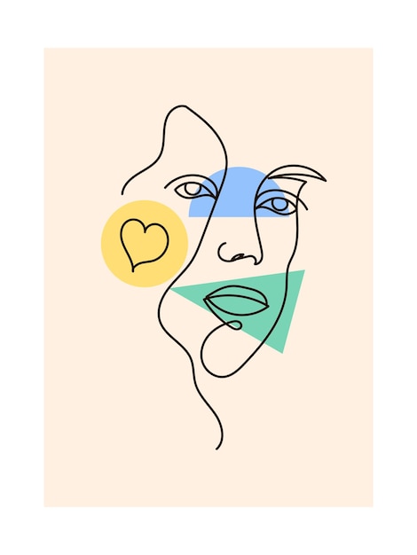 Modern abstract line minimalistic women faces on poster Different woman faces One line art Vector illustrations design