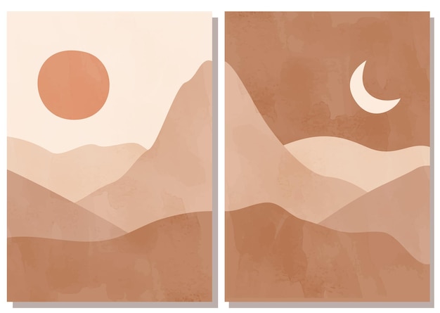 Modern abstract minimalist landscape posters Desert sun and moon Day and night scene Pastel colors earth tones Boho midcentury prints Flat design