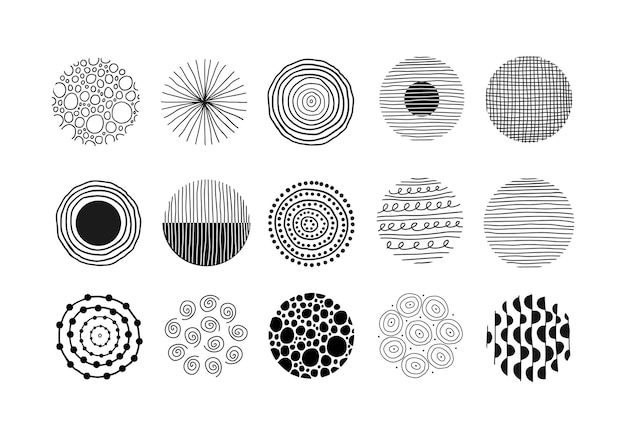 Modern abstract set of  black round shapes with lines circles drops    hand drawn illustration