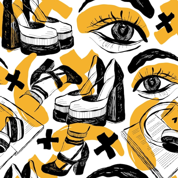 Modern abstract womens faces seamless pattern. Hand drawn outline trendy illustration. Black colors