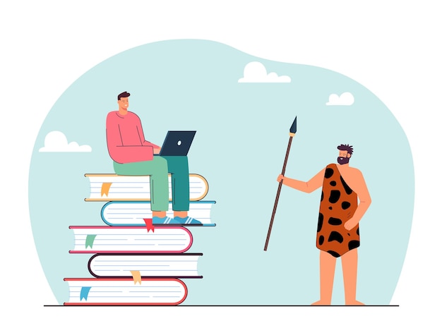 Modern and ancient men flat illustration. Guy sitting on pile of books with laptop and aborigine