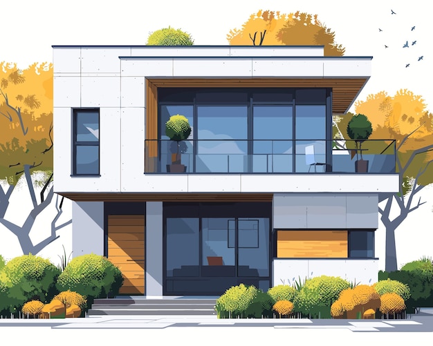 Modern apartment building with trees and bushes Vector illustration in cartoon style