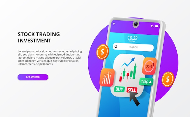 Modern app stock securities trading investment with candlestick chart illustration with 3d phone money growth