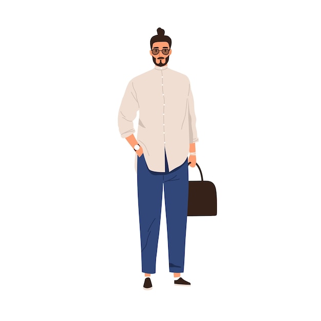 Modern Arab business man in fashion outfit. Muslim person in casual apparel and sunglasses. Businessman portrait, wearing shirt, pants and bag. Flat vector illustration isolated on white background