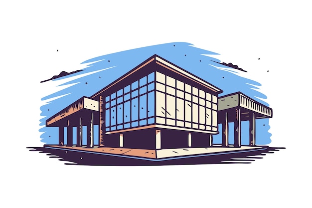 Modern architectural vector illustration depicting a contemporary building with large windows and unique structure