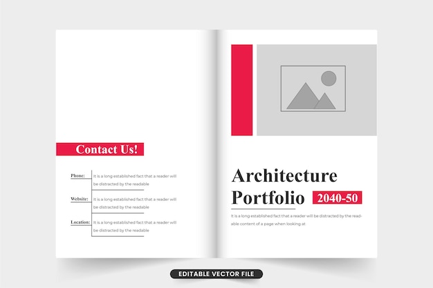 Modern architecture profile cover template with red and dark colors Creative real estate business promotional brochure cover with photo placeholders Architecture service magazine cover design