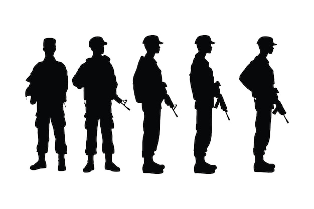 Modern army soldiers standing with assault rifles and tactical gear silhouette collection Infantry army and special forces silhouette set vector Male soldiers with anonymous faces silhouette bundle