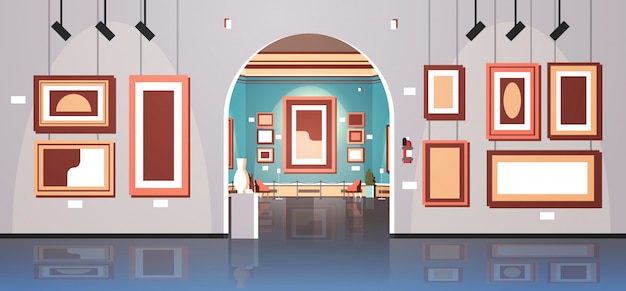 Vector modern art gallery in museum interior creative contemporary paintings artworks or exhibits flat horizontal