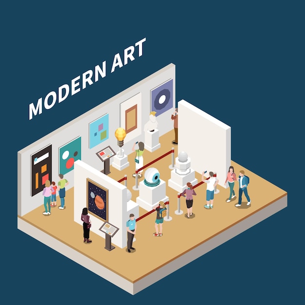 Modern art isometric composition with people viewing paintings at exhibition in art gallery illustration