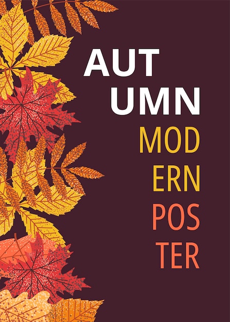 Vector modern autumn poster with vibrant leaves on dark background perfect for seasonal designs greeting cards and digital projects warm inviting fall theme with colorful leaf illustrations