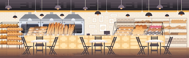 modern bakery interior empty no people restaurant flat horizontal vector illustration