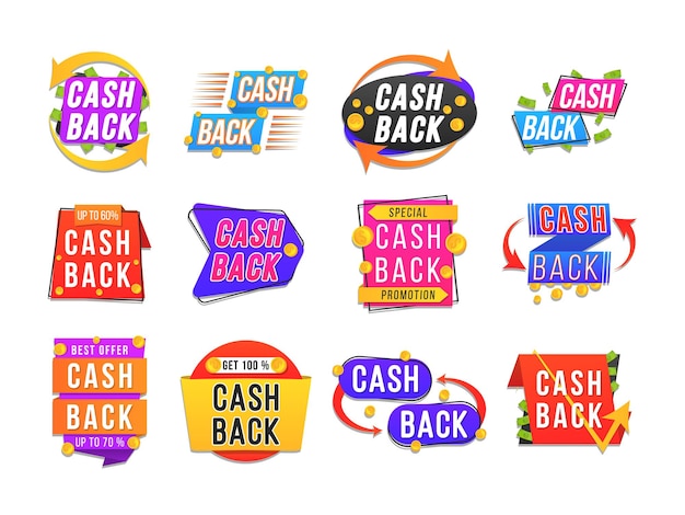 Modern banner design with a set of cashback tags. Money refund badges