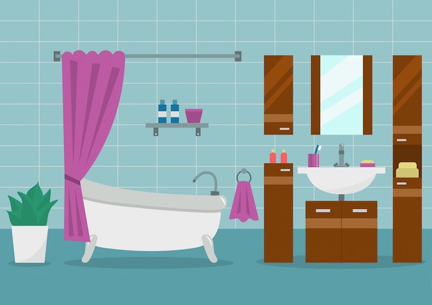 Modern bathroom interior with furniture. Flat style vector illustration.