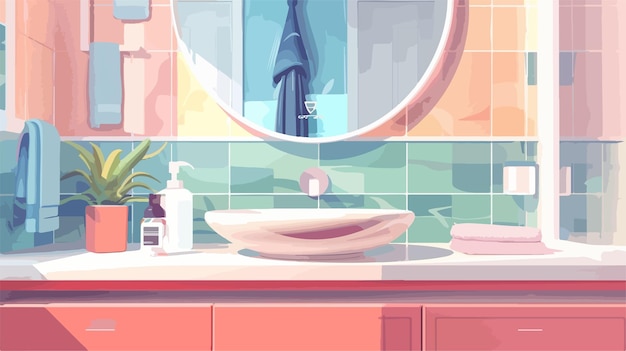 Modern Bathroom Washbasin and Mirror Cartoon Vector Illustration