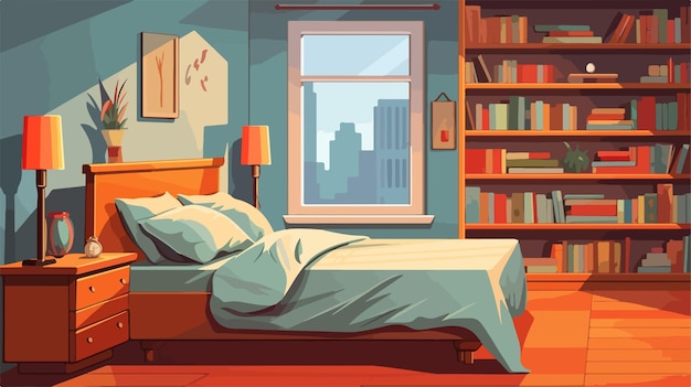 Modern Bedroom Interior with Bed and Bookshelves Illustration